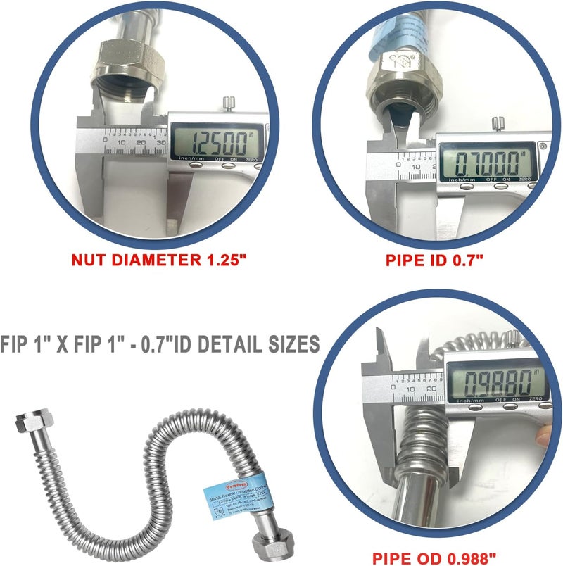 PEVEPEXE 2 PACK, 24" Length Stainless Steel Flexible Corrugated Water Heater Connector, 1"FIP x 1"FIP, 1 Inch SS304 Flex Pipe Hose For Water Softener (0.7"ID) - Image 3